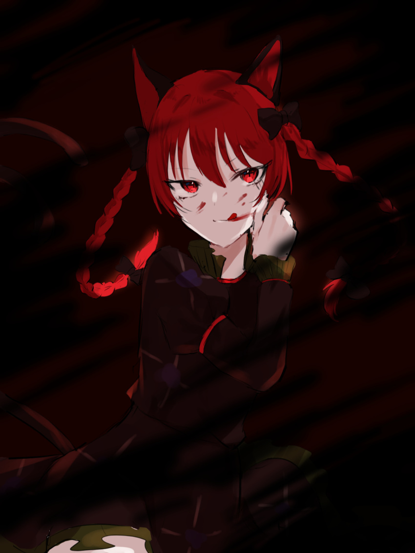 1girl :q animal_ears blood bow braid cat_ears cat_tail darkness dress hair_bow hand_up highres kaenbyou_rin long_sleeves multiple_tails nano_popo02 red_eyes red_hair solo tail tongue tongue_out touhou twin_braids