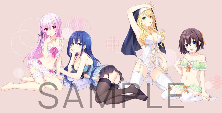 4girls bandaged_leg bandages bangs black_ribbon blue_babydoll blue_hair brown_hair dark_blue_hair engage_kiss garter_straps habit hair_between_eyes hair_ornament hair_ribbon highres kisara_(engage_kiss) lingerie long_hair multiple_girls nun official_art ogata_kanna_(engage_kiss) pink_eyes pink_hair red_eyes ribbon sample_watermark sharon_holygrail tsunako underwear x_hair_ornament yuugiri_ayano