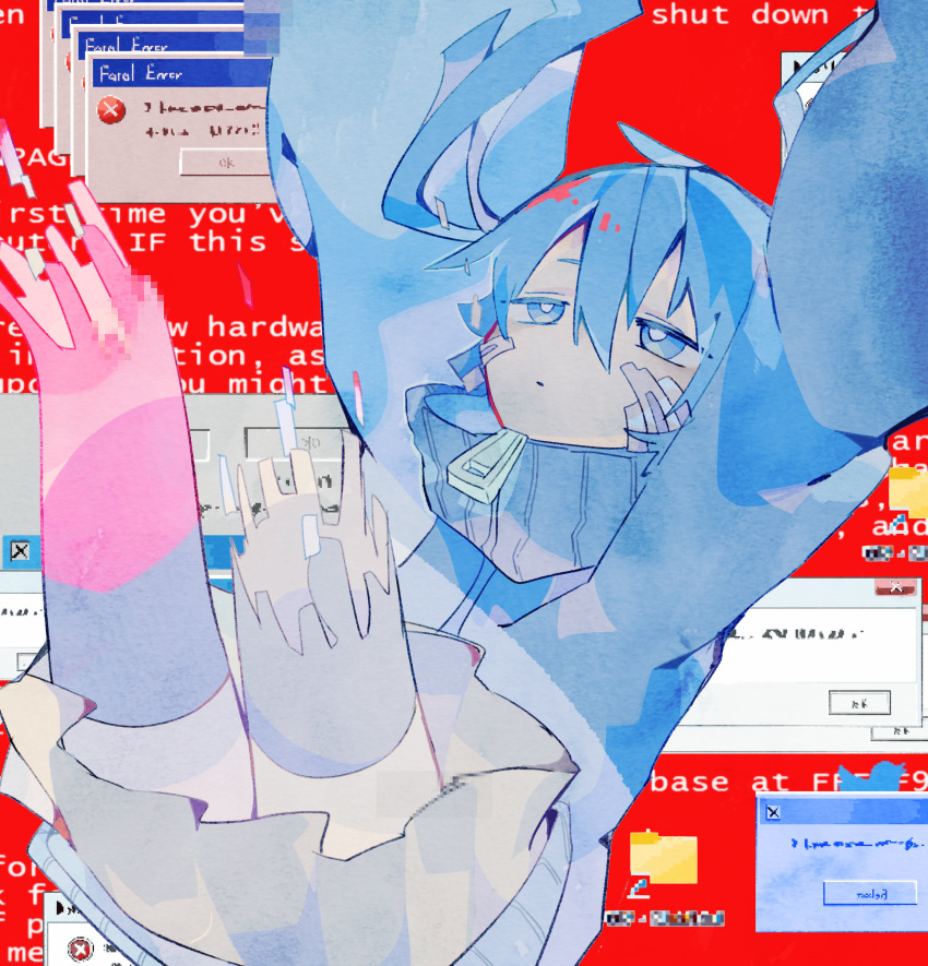 1girl absurdres blue_eyes blue_hair blue_jacket blue_screen_of_death blue_skirt blue_theme blue_thighhighs closed_mouth commentary digital_dissolve ene_(kagerou_project) error_message expressionless facial_mark falling glitch highres jacket kagerou_project long_hair long_sleeves looking_up skirt sleeves_past_fingers sleeves_past_wrists solo soresaki thighhighs twintails windows windows_7 windows_xp zipper_pull_tab