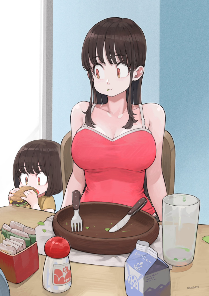 2girls :i after_meal artist_name big_sister_(seojh1029) breasts brown_hair burger camisole chair cleavage closed_mouth collarbone commentary cup food food_in_mouth fork highres holding holding_food jun_(seojh1029) knife little_sister_(seojh1029) long_hair looking_at_another looking_to_the_side medium_breasts milk_carton multiple_girls napkin orange_eyes original red_camisole salad_bowl salt_shaker short_hair siblings sidelocks signature sisters sitting sleeveless straight_hair table upper_body