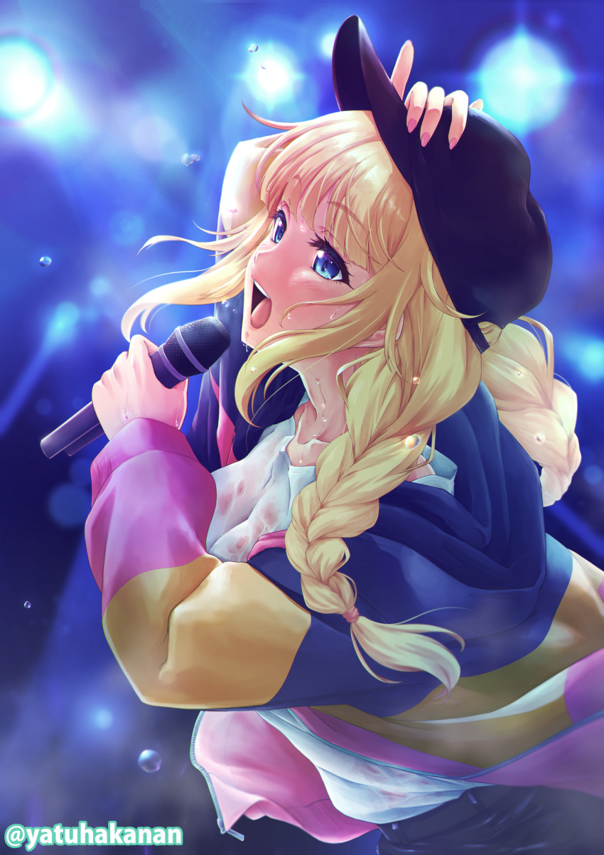 1girl artist_name bangs black_headwear blonde_hair blue_eyes blurry blurry_background braid hat highres holding holding_microphone indoors jacket microphone multicolored_clothes multicolored_jacket open_mouth paripi_koumei pink_nails see-through sidelocks solo stage_lights sweat tsukimi_eiko twintails wet wet_clothes yatsuha_kanan