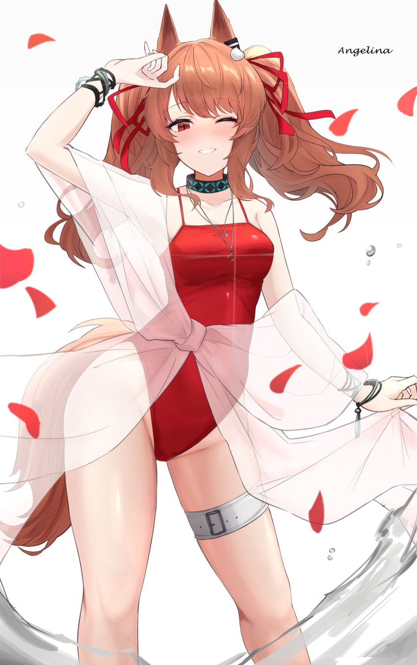 1girl ;d absurdres angelina_(arknights) angelina_(summer_flowers)_(arknights) animal_ears arknights asumi_maboroshi black_collar blush bracelet breasts brown_hair character_name collar earpiece falling_petals feet_up fox_ears fox_girl fox_tail groin hair_ribbon highres infection_monitor_(arknights) jewelry long_hair looking_at_viewer necklace official_alternate_costume one_eye_closed parted_lips petals red_eyes red_one-piece_swimsuit red_ribbon ribbon sarong simple_background small_breasts smile solo swimsuit tail thigh_strap twintails water white_background white_sarong