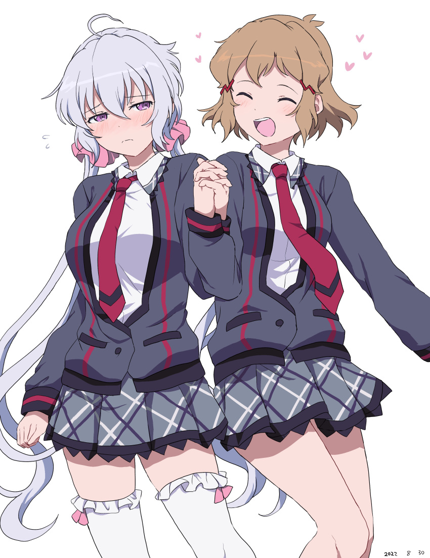 2girls absurdres ahoge blush breasts brown_hair closed_eyes closed_mouth collared_shirt dated feet_out_of_frame frilled_thighhighs frills grey_hair grey_jacket grey_skirt hair_between_eyes heart highres holding_hands interlocked_fingers jacket long_hair long_sleeves medium_breasts miniskirt multiple_girls neckerchief nose_blush open_mouth pleated_skirt purple_eyes red_neckerchief school_uniform senki_zesshou_symphogear shiny shiny_hair shirt short_hair simple_background skirt tachibana_hibiki_(symphogear) takatisakana teeth thighhighs upper_teeth very_long_hair white_background white_shirt white_thighhighs yukine_chris