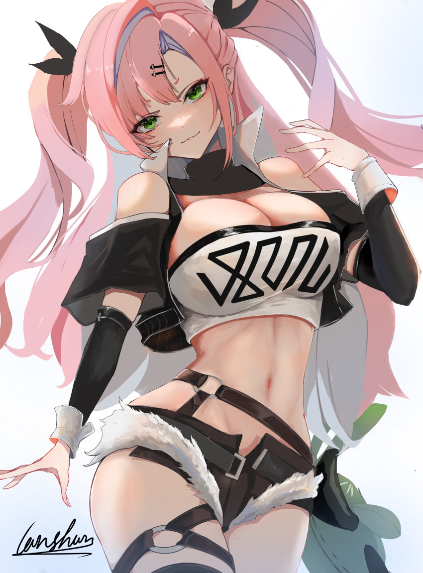 1girl absurdres arashiyama bangs bare_shoulders black_ribbon black_shorts black_thighhighs breasts cleavage closed_mouth clothing_cutout contrapposto cowboy_shot crop_top cropped_jacket cutoffs detached_sleeves exposed_pocket hair_ornament hairclip head_tilt highres large_breasts long_hair looking_at_viewer micro_shorts midriff multicolored_hair navel nicole_demara o-ring parted_bangs popped_collar ribbon shorts shoulder_cutout signature simple_background single_thighhigh smile solo strapless thighhighs tube_top two-tone_hair two_side_up zenless_zone_zero