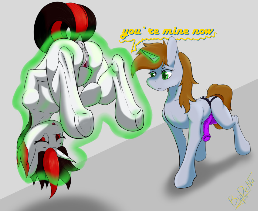 absurd_res anatomically_correct anus blackjack_(fallout_equestria) brown_hair butt butt_grab butt_touch bydena dildo duo equid equine fallout_equestria fan_character fanfic_art female female/female feral genitals green_eyes grope hair hand_on_butt hi_res horn horse imminent_sex invalid_tag littlepip magic magic_aura mammal my_little_pony nude pony puffy_anus pussy red_eyes sex_toy simple_background strapon unicorn