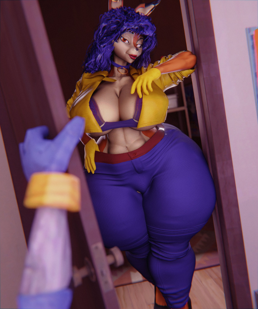 2022 3d_(artwork) absurd_res anthro big_breasts blue_hair bottomwear breasts canid canine carmelita_fox clothing digital_media_(artwork) door duo female fox gloves hair handwear hi_res huge_hips lips mammal navel orange_eyes pants red_lips sly_cooper sly_cooper_(series) solo_focus sony_corporation sony_interactive_entertainment standing sucker_punch_productions sunr4y thick_thighs video_games