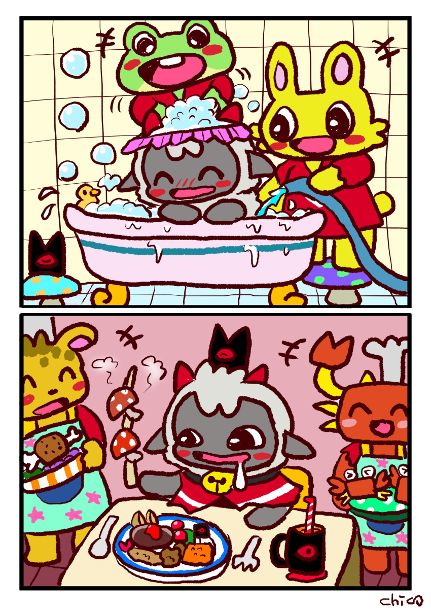 absurd_res amphibian anthro arthropod bath bathing bell bell_collar blush bubble_bath collar comic container crab crustacean cult_of_the_lamb cup decapoda eating follower_(cult_of_the_lamb) frog fungus fur group hi_res horn ichigokenpi lagomorph lamb_(cult_of_the_lamb) leporid malacostracan mammal marine mushroom rabbit red_crown_(cult_of_the_lamb) soap_bubbles straw suds white_body white_fur wool_(fur)