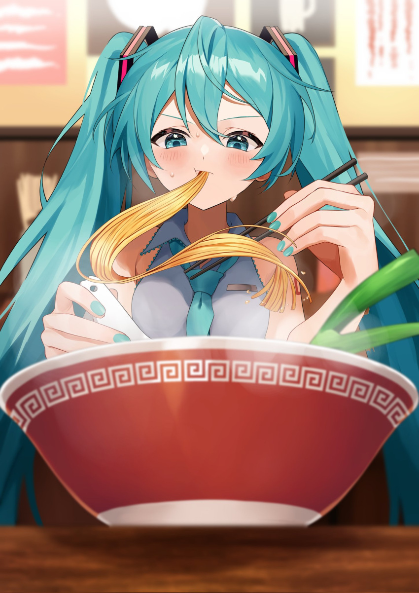 1girl aqua_eyes aqua_hair aqua_nails aqua_necktie blurry blurry_background bowl chopsticks commentary_request eating food grey_shirt hair_ornament hatsune_miku highres holding holding_chopsticks holding_spoon indoors left-handed long_hair looking_down nail_polish necktie niwa_(niwaniwa_1227) noodles ramen shirt sleeveless sleeveless_shirt slurping solo spoon spring_onion steam sweat twintails very_long_hair vocaloid