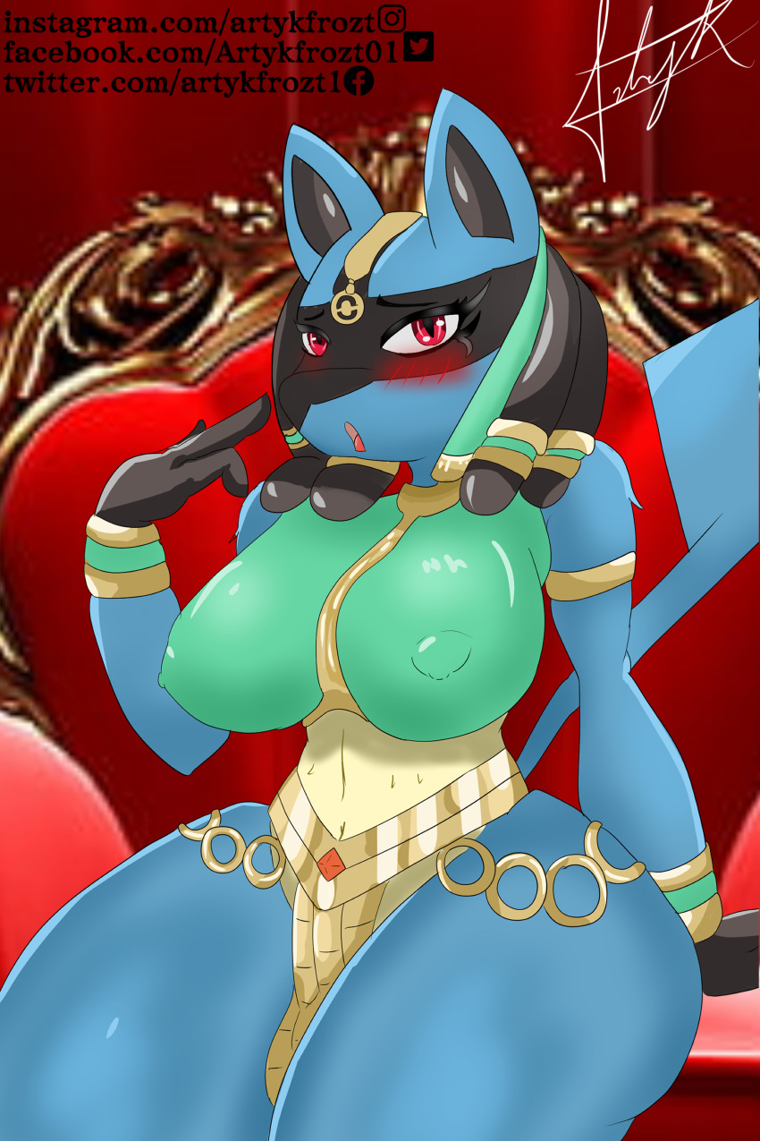 3_fingers absurd_res anthro artykfrozt big_breasts blue_body blue_fur blush breasts clothing egyptian_clothing egyptian_headdress female fingers fur generation_4_pokemon hi_res holowear_(pokemon) huge_breasts looking_at_viewer lucario midriff nintendo nipple_outline open_mouth photo_background pokemon pokemon_(species) pokemon_unite red_eyes ruins_style_lucario signature solo thick_thighs video_games wide_hips