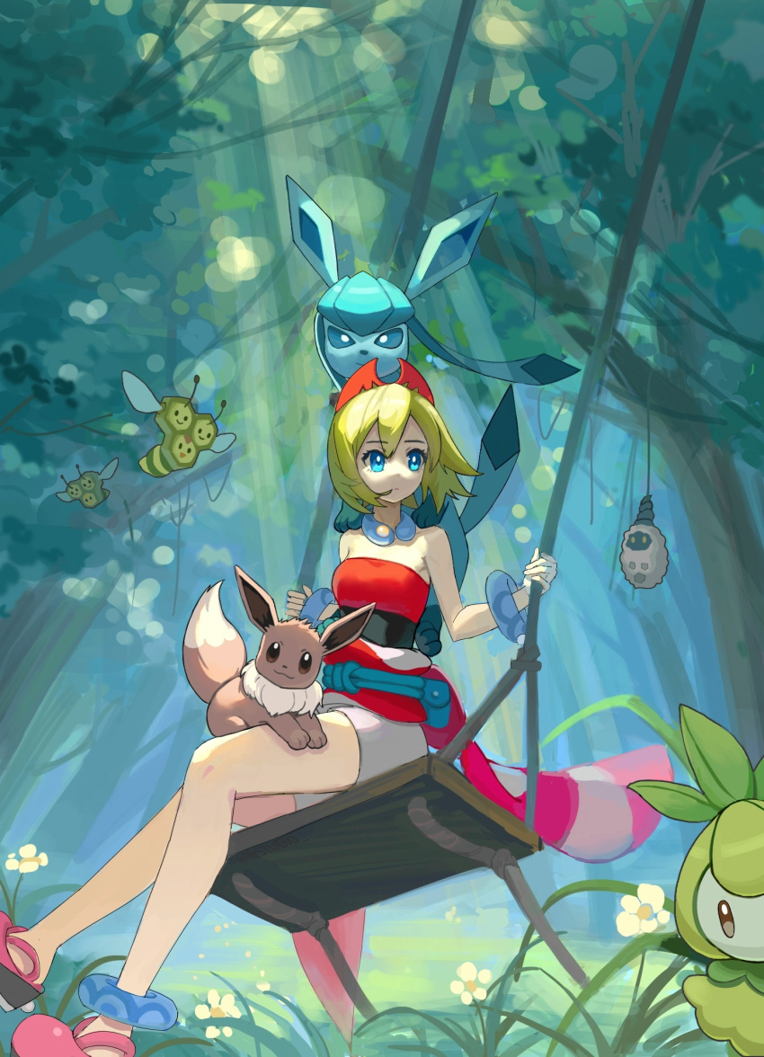 1girl azhi1997 bangs blonde_hair blue_eyes bracelet burmy combee commentary_request day eevee flower from_below glaceon grass hairband highres holding irida_(pokemon) jewelry outdoors petilil pink_footwear pokemon pokemon_(creature) pokemon_(game) pokemon_legends:_arceus red_hairband red_shirt sash shirt shoes short_hair shorts sitting strapless strapless_shirt swing tree
