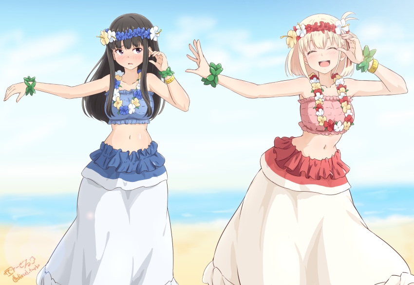 2girls bangs beach black_hair blonde_hair blue_sky bob_cut closed_eyes cloud day diesel-turbo facing_viewer frilled_skirt frilled_tube_top frills hair_ribbon highres hula inoue_takina long_hair lycoris_recoil multiple_girls nishikigi_chisato outdoors purple_eyes red_eyes red_ribbon ribbon short_hair sideways_glance skirt sky strapless tube_top