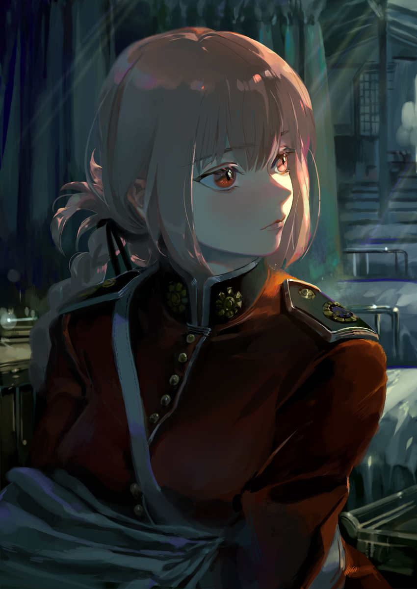 1girl bangs black_ribbon blush braid breasts epaulettes fate/grand_order fate_(series) florence_nightingale_(fate) hair_between_eyes hair_ribbon highres jacket lips long_hair long_sleeves looking_to_the_side military military_uniform pink_hair red_eyes red_jacket ribbon sidelocks single_braid solo tamomoko taro-k uniform upper_body