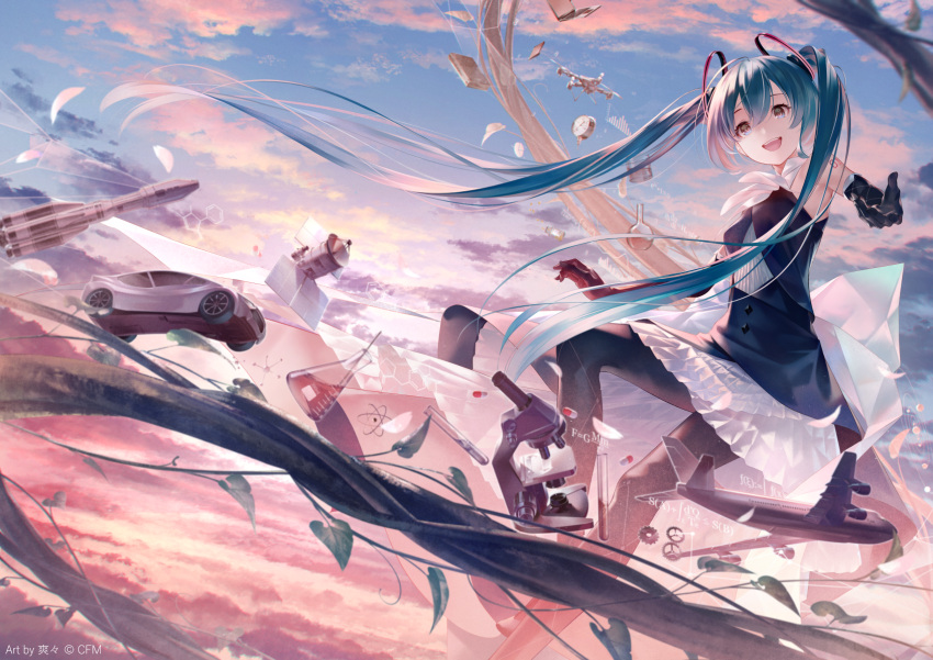 1girl aircraft airplane aqua_eyes aqua_hair bangs black_dress black_gloves black_pantyhose blue_sky book branch car cloud copyright copyright_name dress drone elbow_gloves frilled_dress frills gears gloves ground_vehicle hair_between_eyes hatsune_miku highres long_hair looking_at_viewer microscope motor_vehicle official_art pantyhose pill rocket satellite sky sleeveless sleeveless_dress solo sousou_(sousouworks) spacecraft test_tube twintails very_long_hair vocaloid