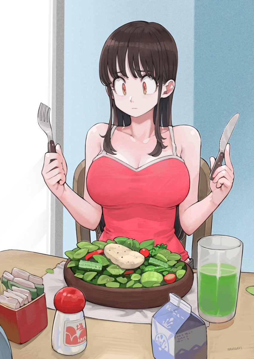 1girl artist_name bangs bare_arms bare_shoulders big_sister_(seojh1029) bread breasts brown_eyes brown_hair camisole chair cleavage closed_mouth collarbone commentary cup drink food fork frown furrowed_brow hair_behind_ear highres holding holding_fork holding_knife indoors jun_(seojh1029) knife large_breasts long_hair looking_at_food looking_down medium_breasts milk_carton napkin orange_eyes original pink_shirt red_camisole sad salad salad_bowl salt_shaker shirt sidelocks signature sitting sleeveless sleeveless_shirt solo straight_hair swept_bangs table tareme tomato upper_body