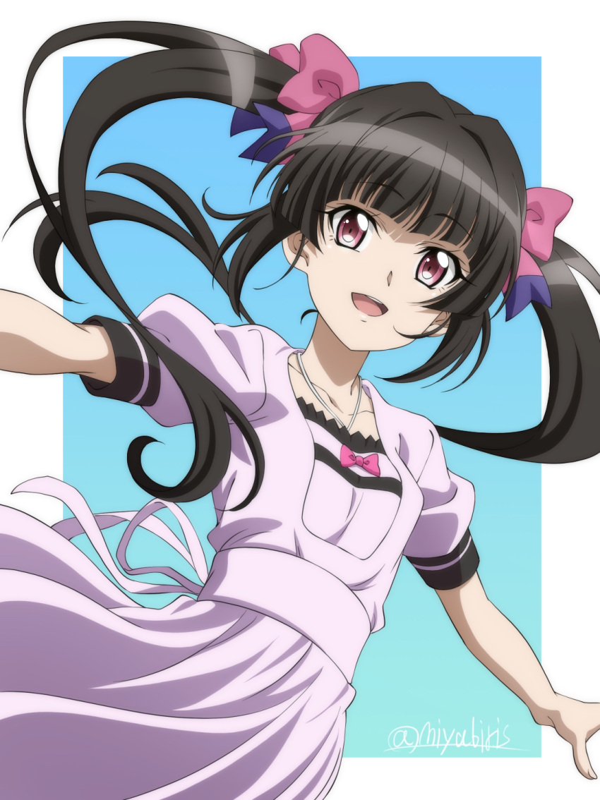 1girl :d bangs black_hair blue_background blunt_bangs border bow collarbone dress floating_hair hair_bow highres long_hair miyabi_mt-b open_mouth outside_border outstretched_arms pink_bow pink_dress pink_eyes senki_zesshou_symphogear shiny shiny_hair short_sleeves smile solo sundress tsukuyomi_shirabe twintails twitter_username very_long_hair white_border