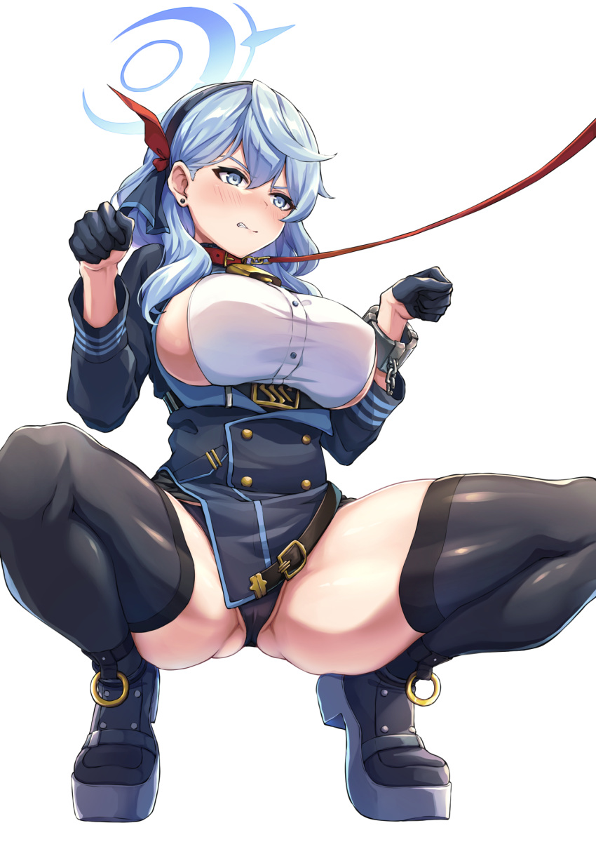 1girl ako_(blue_archive) ankle_boots bell black_footwear black_hairband black_panties black_thighhighs blue_archive blue_eyes blue_hair blush boots breasts cameltoe chain clenched_teeth collar covered_nipples cuffs earrings framed_breasts hairband halo highres jewelry kuroisiro large_breasts leash long_hair long_sleeves neck_bell no_pants panties parted_lips paw_pose pet_play shackles shirt sideboob simple_background solo spread_legs squatting stud_earrings teeth thighhighs thighs underwear v-shaped_eyebrows white_background white_shirt