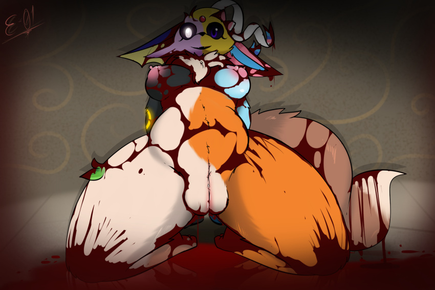 abominaceon all_nine_eeveelutions anthro areola black_body black_nose black_sclera blood blue_body bodily_fluids body_horror breasts brown_body brown_fur canid canine digital_media_(artwork) e-01 eevee eeveelution espeon female flareon fur fusion generation_1_pokemon generation_2_pokemon generation_4_pokemon generation_6_pokemon genitals glaceon glowing glowing_eyes gore hair hi_res hybrid jolteon leafeon looking_at_viewer mammal nightmare_fuel nintendo nipples nude open_mouth orange_body pink_body pokemon pokemon_(species) purple_eyes pussy ribbons simple_background smile solo sylveon teeth umbreon vaporeon video_games what what_has_science_done white_body white_fur yellow_body yellow_fur