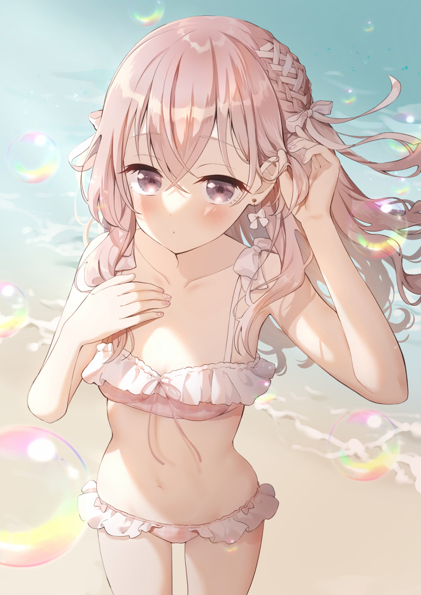 1girl absurdres arm_up bangs bare_arms bare_shoulders beach bikini blush bow braid breasts bubble closed_mouth collarbone dated day earrings frilled_bikini frills grey_eyes hair_between_eyes hair_bow hand_on_own_chest highres inui_sajuna jewelry long_hair neki_(wakiko) outdoors pink_bikini pink_hair sand signature small_breasts solo sono_bisque_doll_wa_koi_wo_suru standing swimsuit very_long_hair water white_bow