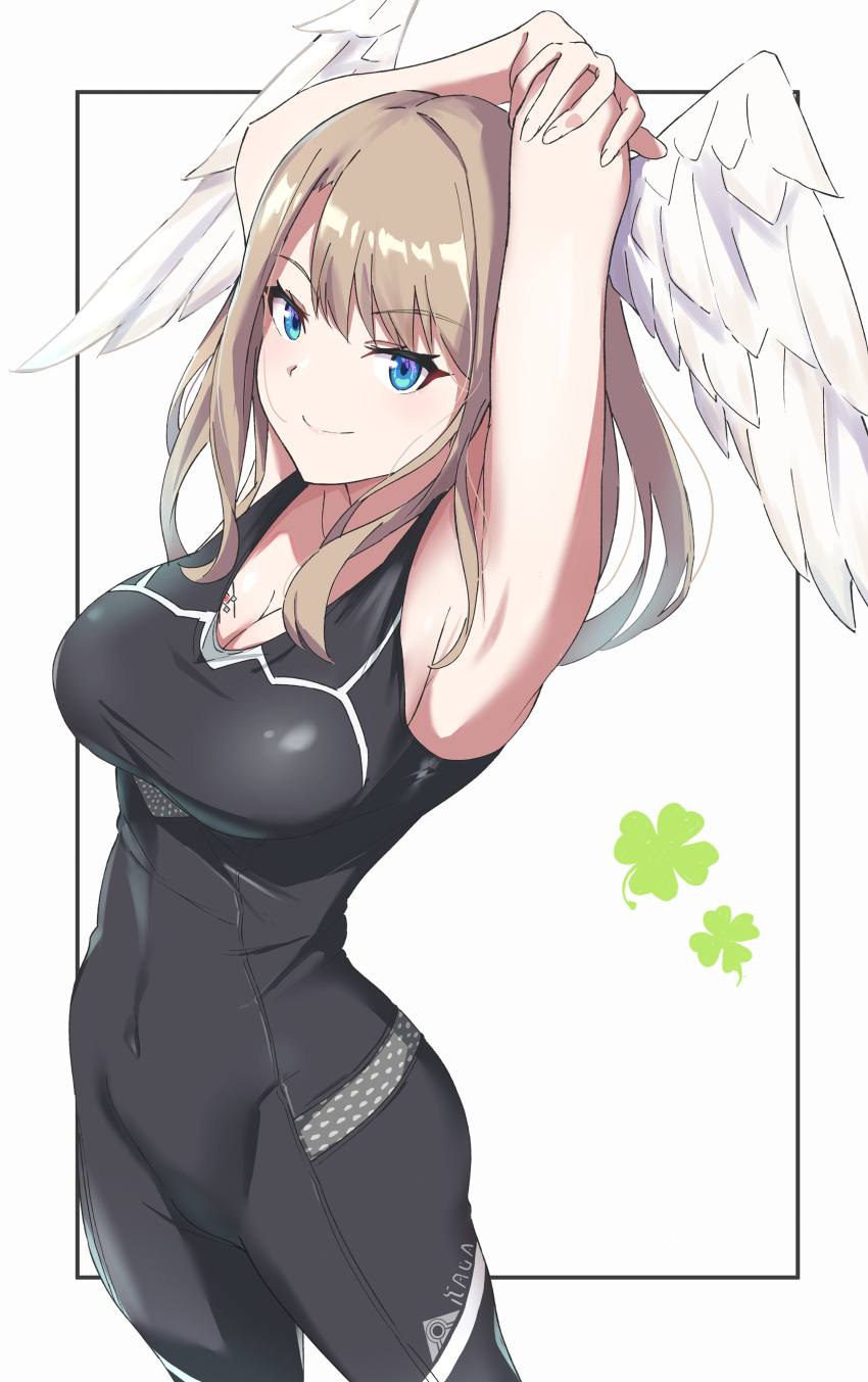 1girl absurdres armpits arms_up bangs bare_arms black_jumpsuit blue_eyes breasts brown_hair cleavage closed_mouth collarbone covered_navel cowboy_shot eunie_(xenoblade) feathered_wings head_wings highres jumpsuit large_breasts long_hair shiny shiny_hair showhey!! smile solo standing straight_hair white_background white_wings wings xenoblade_chronicles_(series) xenoblade_chronicles_3