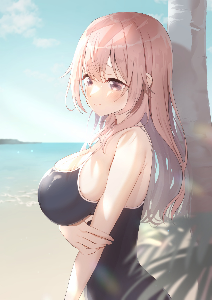 1girl absurdres bangs bare_arms bare_shoulders black_one-piece_swimsuit blue_sky blush breasts cleavage closed_mouth cloud dated day grey_eyes hair_between_eyes highres horizon inui_shinju large_breasts long_hair looking_away neki_(wakiko) ocean one-piece_swimsuit outdoors palm_tree pink_hair signature sky solo sono_bisque_doll_wa_koi_wo_suru swimsuit tree very_long_hair water
