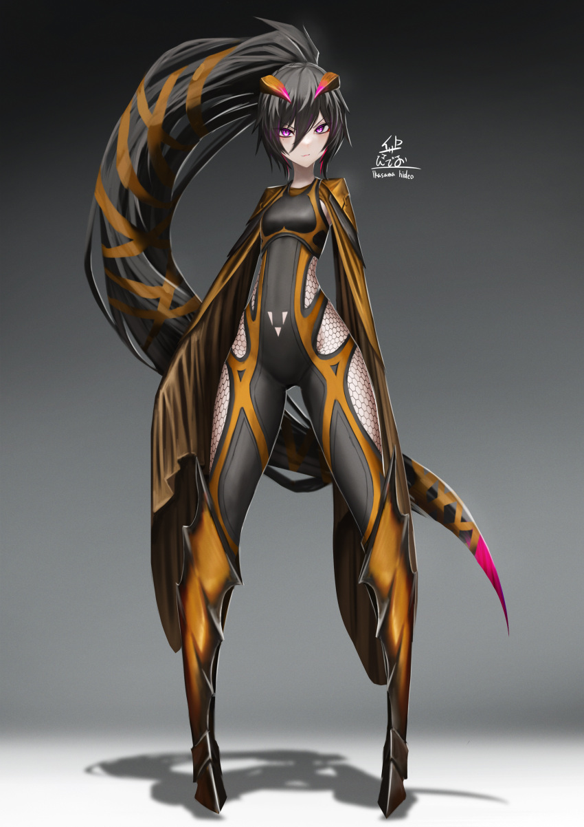 1girl absurdres armor armored_boots black_bodysuit black_hair bodysuit boots breasts commentary_request fantasy full_body gradient gradient_background grey_background hair_between_eyes highres horns ikasamahideo long_hair original pigeon-toed ponytail purple_eyes shadow signature sleeves_past_wrists slit_pupils small_breasts solo standing very_long_hair wasp wasp_girl wide_sleeves