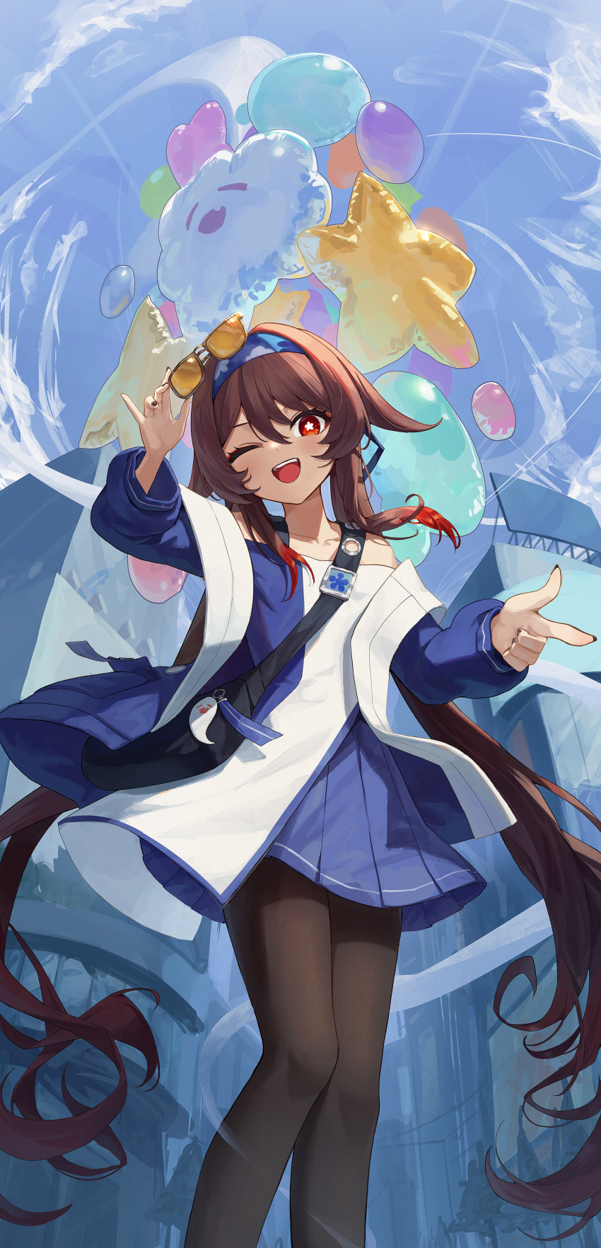 1girl :d absurdres alternate_costume balloon bangs belt_bag black_nails black_pantyhose black_thighhighs blue_hairband blue_jacket blue_skirt blue_sky boo_tao_(genshin_impact) brown_hair building cloud collarbone commentary feet_out_of_frame finger_gun flower-shaped_pupils genshin_impact hair_between_eyes hairband heart_balloon highres holding holding_eyewear hu_tao_(genshin_impact) jacket lawson long_hair long_sleeves looking_at_viewer off-shoulder_shirt off_shoulder one_eye_closed open_clothes open_jacket open_mouth pantyhose pellas_(panix2383) pleated_skirt red_eyes shirt skirt sky smile solo star_(symbol) star_balloon sunglasses symbol-only_commentary symbol-shaped_pupils thighhighs tinted_eyewear twintails very_long_hair white_shirt yellow-tinted_eyewear