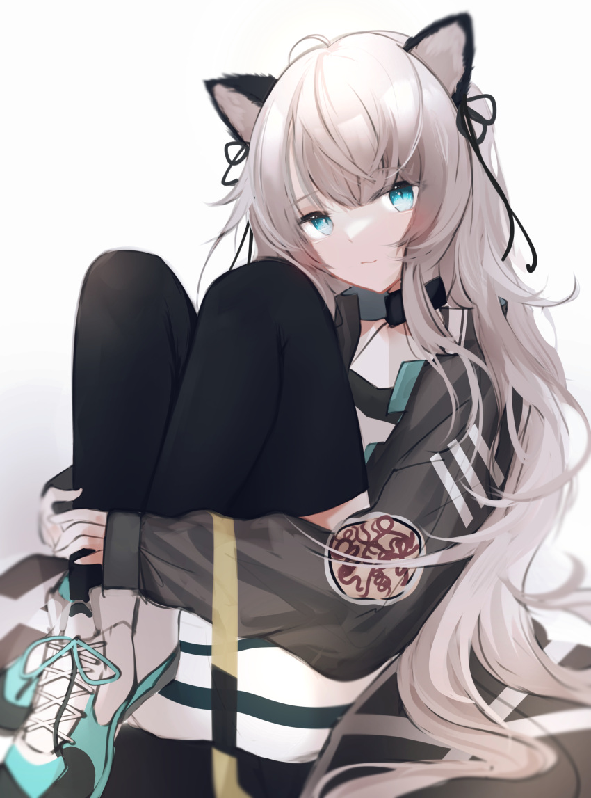 1girl absurdres animal_ears arknights black_collar black_jacket black_ribbon black_thighhighs blue_eyes cat_ears cat_girl cat_tail collar grey_hair gupipy hair_ribbon highres hugging_own_legs jacket long_hair long_sleeves looking_at_viewer mint_(arknights) open_clothes open_jacket ribbon shoes simple_background smile solo tail thighhighs very_long_hair white_background white_footwear