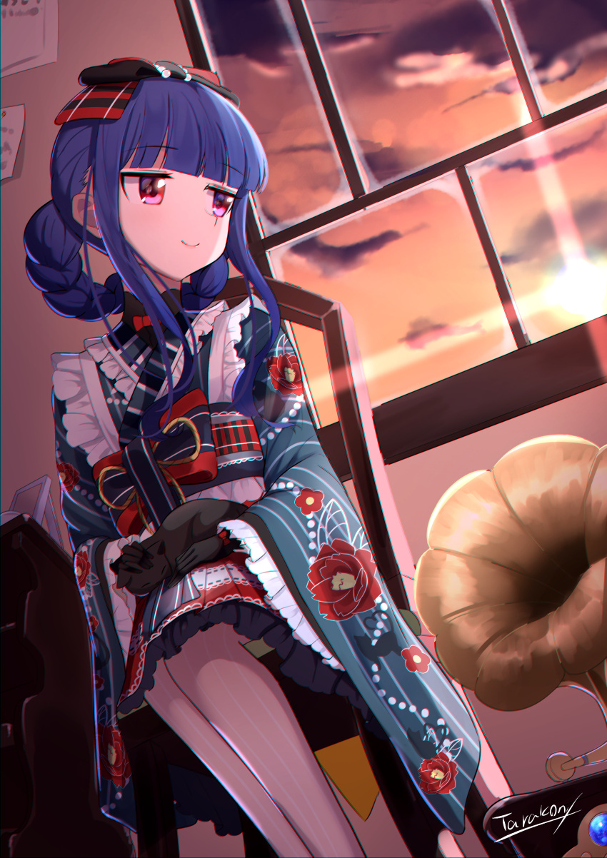 1girl absurdres animal_on_lap artist_name bangs black_gloves blue_hair braid cat cat_on_lap chair floral_print gloves hair_rings highres idolmaster idolmaster_cinderella_girls indoors on_lap phonograph purple_eyes sajo_yukimi sidelocks sitting smile solo sunlight tarakon twilight window