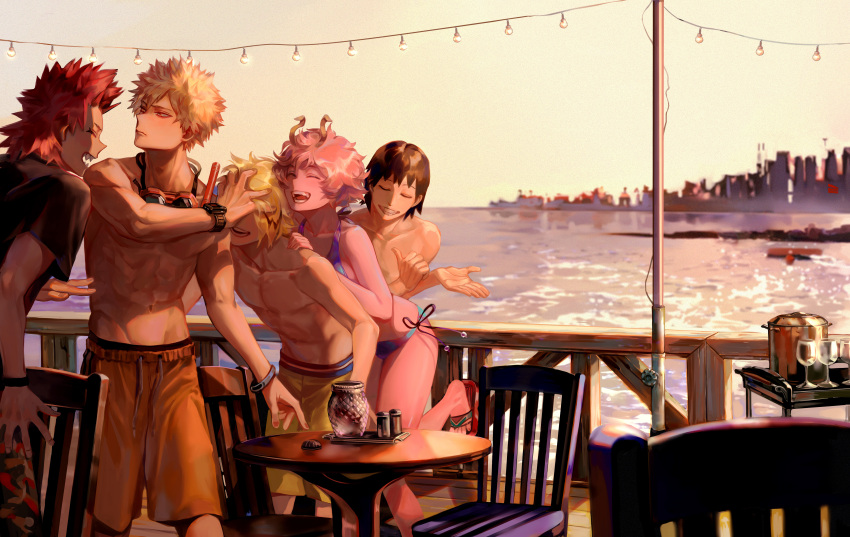 1girl 4boys :d abs absurdres arm_at_side ashido_mina bakugou_katsuki bikini blonde_hair boku_no_hero_academia brown_hair chair cityscape closed_eyes closed_mouth colored_skin covered_eyes cowboy_shot goggles goggles_around_neck grin hand_on_another's_face hand_on_another's_shoulder hand_up hands_up highres horns kaminari_denki kirishima_eijirou leaning_forward leaning_on_person leg_up looking_at_another male_swimwear multiple_boys navel ocean open_mouth outdoors pants pectorals pink_hair pink_skin pointing pointing_at_self red_hair sandals scenery sero_hanta sharp_teeth shirt short_hair short_sleeves side-tie_bikini_bottom sky smile spiked_hair standing standing_on_one_leg stomach sunset swim_trunks swimsuit t-shirt table taro-k teeth toes water