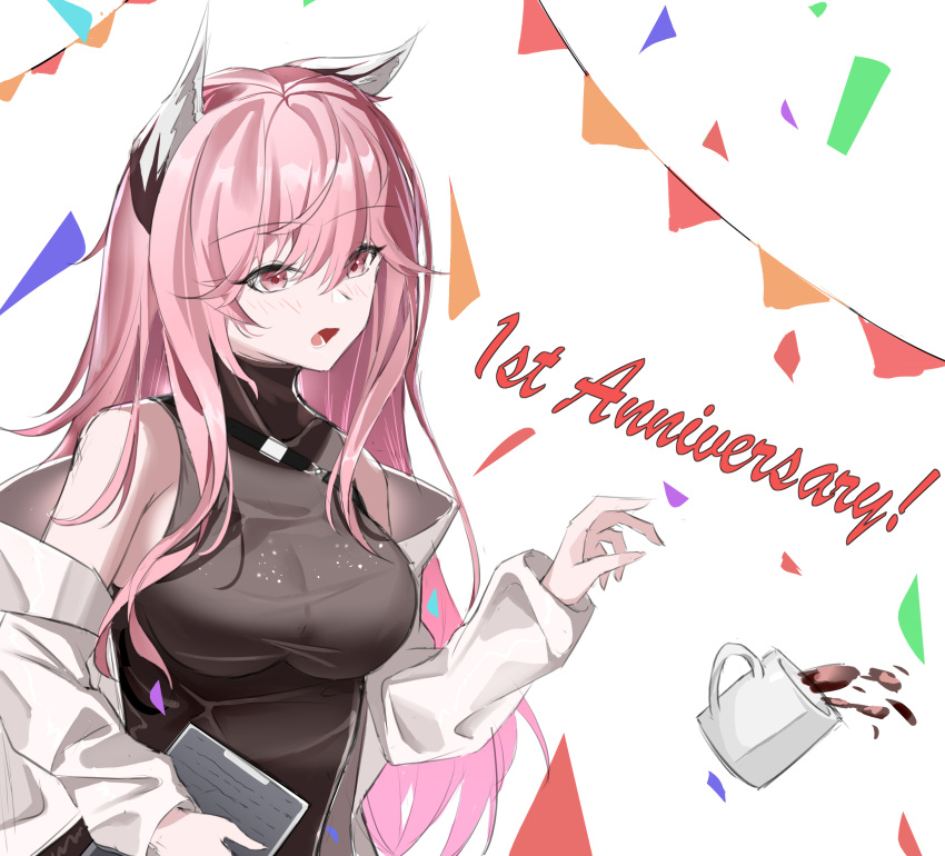1girl absurdres animal_ear_fluff animal_ears anniversary bangs black_shirt blush breasts coffee_cup confetti cup disposable_cup girls'_frontline girls'_frontline_neural_cloud highres holding holding_paper large_breasts long_hair looking_away one_smoke open_clothes open_mouth open_robe paper persicaria_(girls'_frontline_nc) pink_eyes pink_hair robe shirt solo turtleneck upper_body white_background white_robe