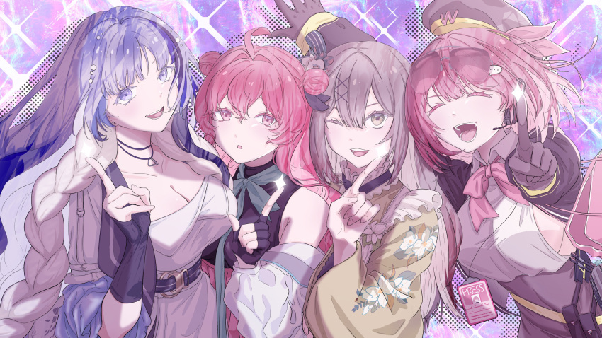 4girls absurdres ahoge bangs beret black_gloves black_jacket blue_hair blush breasts brown_hair cleavage closed_eyes double_bun dress eyewear_on_head finellen fingerless_gloves girls'_frontline girls'_frontline_neural_cloud gloves hair_bun hair_ornament hairpin hat headset highres hubble_(girls'_frontline_nc) index_finger_raised jacket japanese_clothes kimono long_hair looking_at_viewer medium_breasts medium_hair multicolored_hair multiple_girls necktie one_eye_closed open_mouth partially_fingerless_gloves pink_hair purple_hair sakuya_(girls'_frontline_nc) simple_background smile streaked_hair teeth upper_body upper_teeth white_dress willow_(girls'_frontline_nc) wz.29_(girls'_frontline)