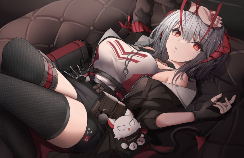 1girl antennae arknights black_gloves black_jacket black_skirt black_thighhighs couch demon_girl demon_horns fingerless_gloves gloves grey_hair highres horns jacket jewelry looking_at_viewer lying necklace off_shoulder on_back on_couch open_clothes open_jacket orange_eyes shirt skirt solo stratoz stuffed_animal stuffed_cat stuffed_toy thighhighs w_(arknights) white_shirt