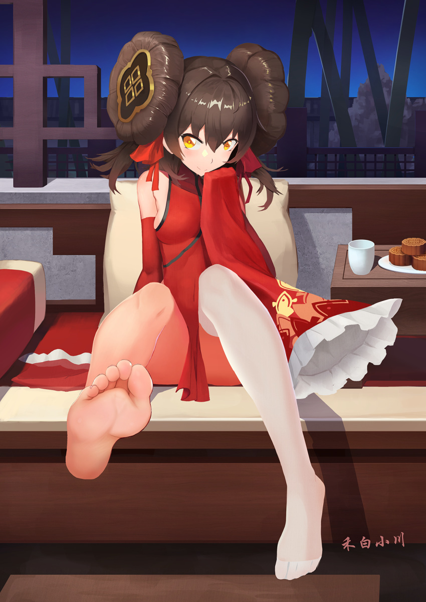 1girl artist_name bangs barefoot breasts brown_hair china_dress chinese_clothes double_bun dress feet full_body girls'_frontline hair_bun hair_ribbon hebai_xiaochuan highres legs long_hair no_shoes official_alternate_costume orange_eyes red_dress ribbon single_thighhigh sitting small_breasts soles solo thighhighs toes type_97_(girls'_frontline) type_97_(peony)_(girls'_frontline) white_thighhighs wide_sleeves