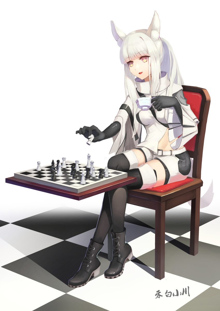 1girl absurdres animal_ears arknights bangs belt black_footwear black_gloves black_thighhighs boots breasts brown_eyes chair checkered_floor checkmate chess_piece crossed_legs cup elbow_gloves full_body gloves hebai_xiaochuan highres holding holding_cup horse_ears jacket knight_(chess) long_hair looking_down medium_breasts open_mouth platinum_(arknights) shorts sidelocks sitting solo thighhighs transparent_background white_belt white_hair white_jacket white_shorts wide_sleeves