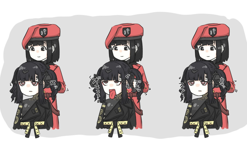 2girls bangs behind_another beret black_dress black_eyes black_hair brown_eyes commentary_request dress female_commander_(girls'_frontline) griffin_&amp;_kryuger_military_uniform hat headgear highres long_hair mojamozanari multiple_girls multiple_views nyto_(girls'_frontline) nyto_nimogen_(girls'_frontline) open_mouth red_headwear short_hair sidelocks smile tongue tongue_out upper_body