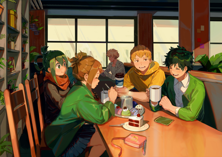 2girls 3boys :d absurdres alternate_hairstyle asui_tsuyu bakugou_katsuki black_skirt blonde_hair boku_no_hero_academia bookshelf brown_hair cafe cake cake_slice chair closed_eyes coffee coffee_cup coffee_mug cup dessert disposable_cup dress_shirt food freckles green_eyes green_hair green_jacket hair_rings hanging_plant highres hood hood_down hoodie indoors jacket long_hair long_sleeves looking_at_another messy_hair midoriya_izuku mug multiple_boys multiple_girls ojiro_mashirao open_mouth plant pleated_skirt potted_plant revision scarf shirt short_hair sidelocks sitting skirt smile spiked_hair spoon table tamomoko uraraka_ochako wallet white_shirt