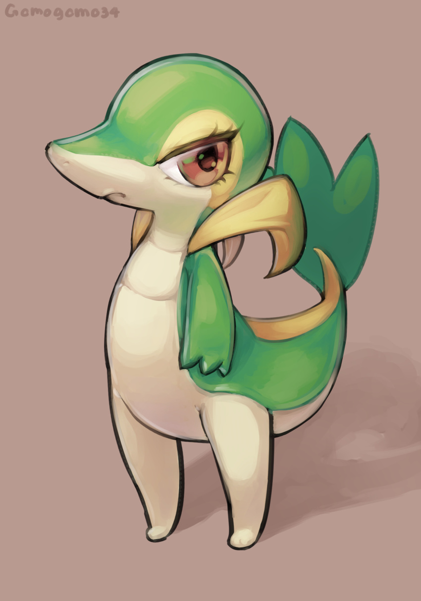 ambiguous_gender angry anthro biped eyelashes generation_5_pokemon gomogomo green_body hi_res leaf_tail nintendo pokemon pokemon_(species) red_eyes shadow signature simple_background snivy snout solo standing video_games white_body yellow_body