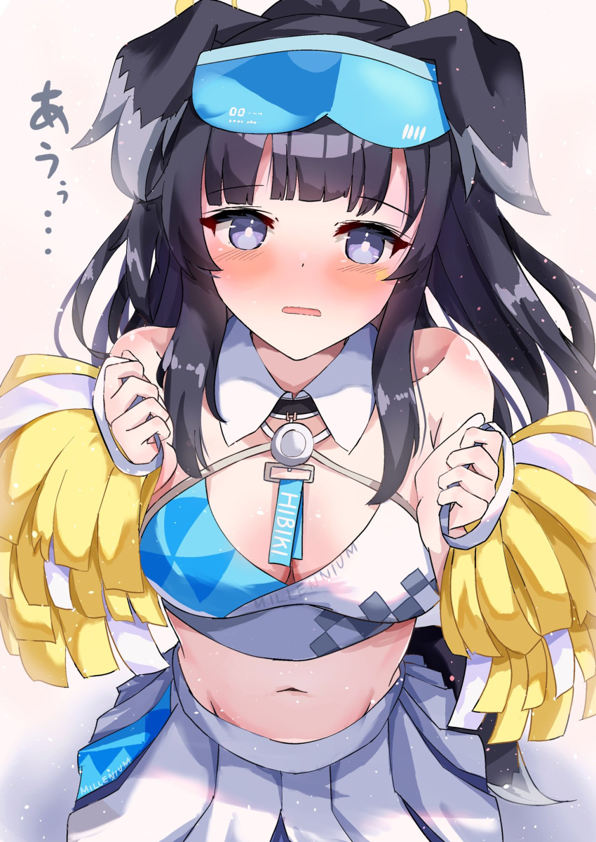 1girl animal_ears black_hair blue_archive blush breasts bright_pupils cheerleader cleavage commentary_request dog_ears dog_girl dog_tail grey_eyes hibiki_(blue_archive) hibiki_(cheerleader)_(blue_archive) highres looking_at_viewer medium_breasts midriff navel pleated_skirt pom_pom_(cheerleading) ponytail skirt solo star_(symbol) sticker_on_face tail torabera translation_request wavy_mouth white_pupils