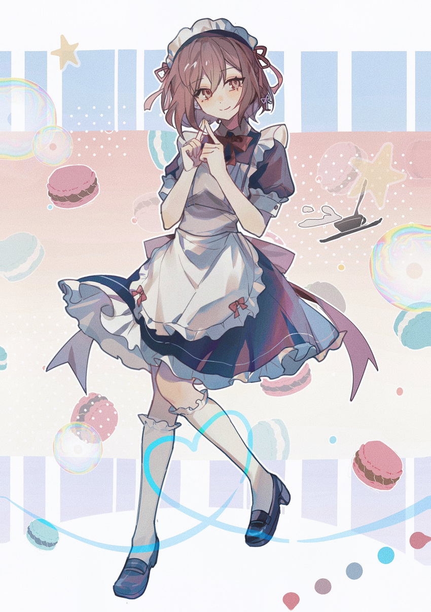 1girl alternate_costume apron black_dress black_footwear bow bowtie brown_eyes brown_hair closed_mouth commentary dress enmaided food frilled_apron frilled_socks frills full_body hair_ribbon highres hisakawa_sora index_fingers_together kneehighs looking_to_the_side macaron maid maid_headdress project_sekai puffy_short_sleeves puffy_sleeves red_bow red_bowtie red_ribbon ribbon shinonome_ena short_sleeves smile socks solo white_apron white_socks