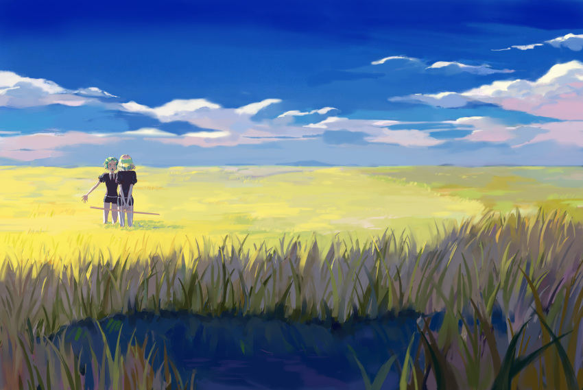 2others absurdres androgynous blue_sky cloud day diamond_(houseki_no_kuni) gem_uniform_(houseki_no_kuni) grass green_eyes green_hair highres houseki_no_kuni landscape multicolored_hair multiple_others necktie outdoors phosphophyllite rainbow_hair scenery short_hair sky sword tamomoko water weapon