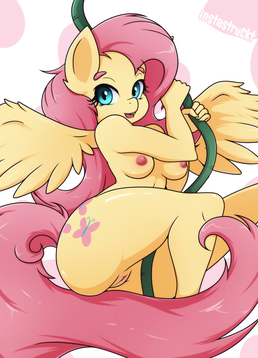 2019 5_fingers anthro anthrofied blue_eyes breasts cutie_mark digital_media_(artwork) equid equine eyebrows eyelashes feathered_wings feathers female fingers fluttershy_(mlp) friendship_is_magic genitals hair hasbro hi_res humanoid_hands instastruckt mammal medium_breasts my_little_pony nipples nude open_mouth open_smile pegasus pink_hair pink_nipples pink_tail pussy smile spread_wings thick_thighs wings yellow_body yellow_feathers