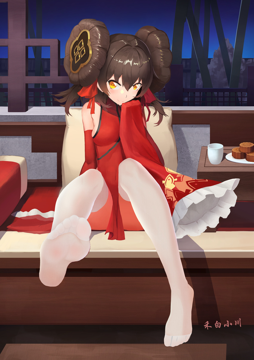 1girl artist_name bangs barefoot breasts brown_hair china_dress chinese_clothes double_bun dress feet full_body girls'_frontline hair_bun hair_ribbon hebai_xiaochuan highres legs long_hair no_shoes official_alternate_costume orange_eyes red_dress ribbon sitting small_breasts soles solo thighhighs toes type_97_(girls'_frontline) type_97_(peony)_(girls'_frontline) white_thighhighs wide_sleeves