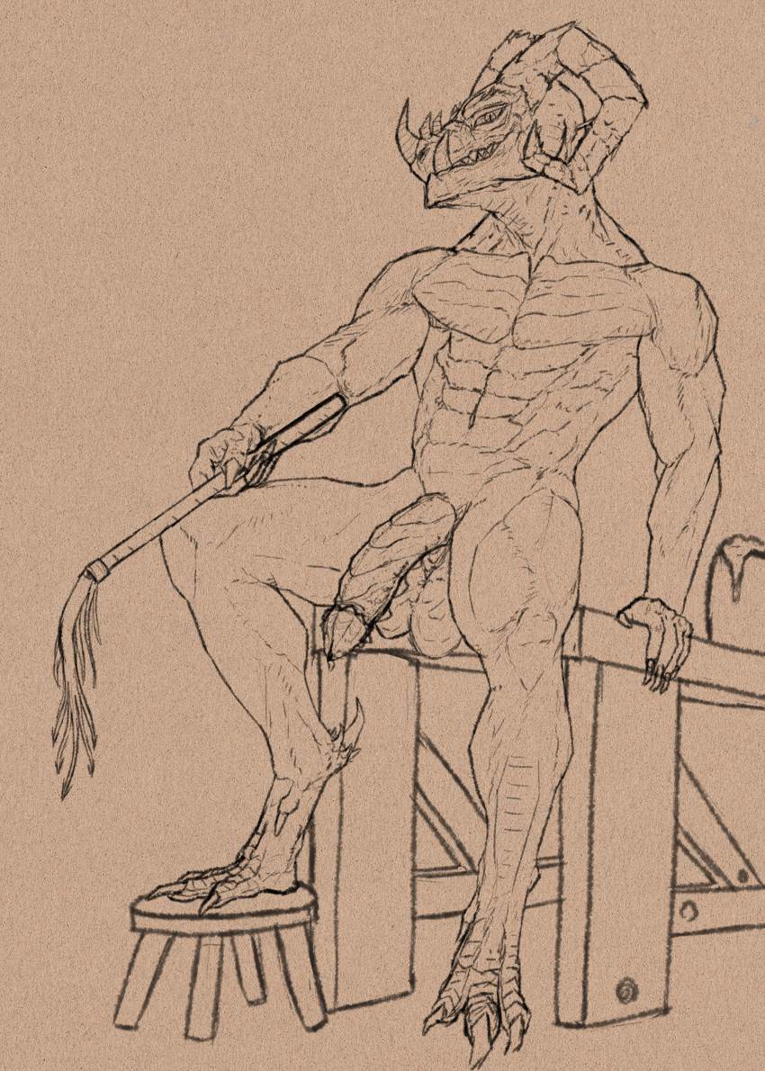 absurd_res anthro balls bodily_fluids claws digitigrade dragon genital_fluids genitals gloveboxpoptart hi_res horn looking_at_viewer male muscular paws penis precum smile solo teeth whip