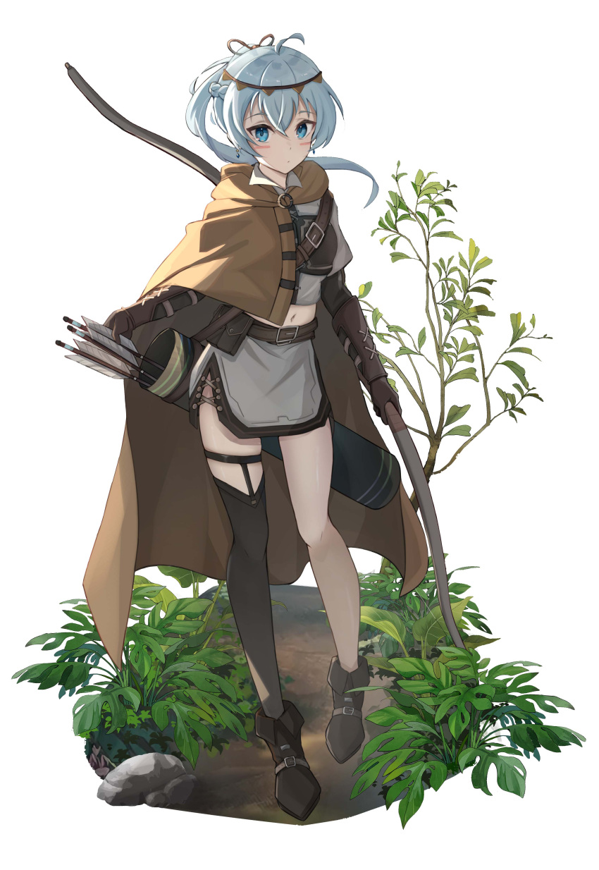 1girl absurdres ahoge arrow_(projectile) bangs belt blue_eyes blue_gemstone bow_(weapon) breasts brown_belt brown_cloak brown_footwear brown_thighhighs cloak closed_mouth commentary earrings english_commentary facepaint full_body gem gloves grey_hair grey_shirt grey_skirt hair_between_eyes hair_ornament highres holding holding_bow_(weapon) holding_weapon humany jewelry leather leather_gloves long_hair looking_at_viewer midriff multiple_belts navel on_ground original outdoors plant ponytail quiver rock shirt side_slit simple_background single_thighhigh skirt small_breasts solo standing thigh_strap thighhighs vambraces weapon white_background