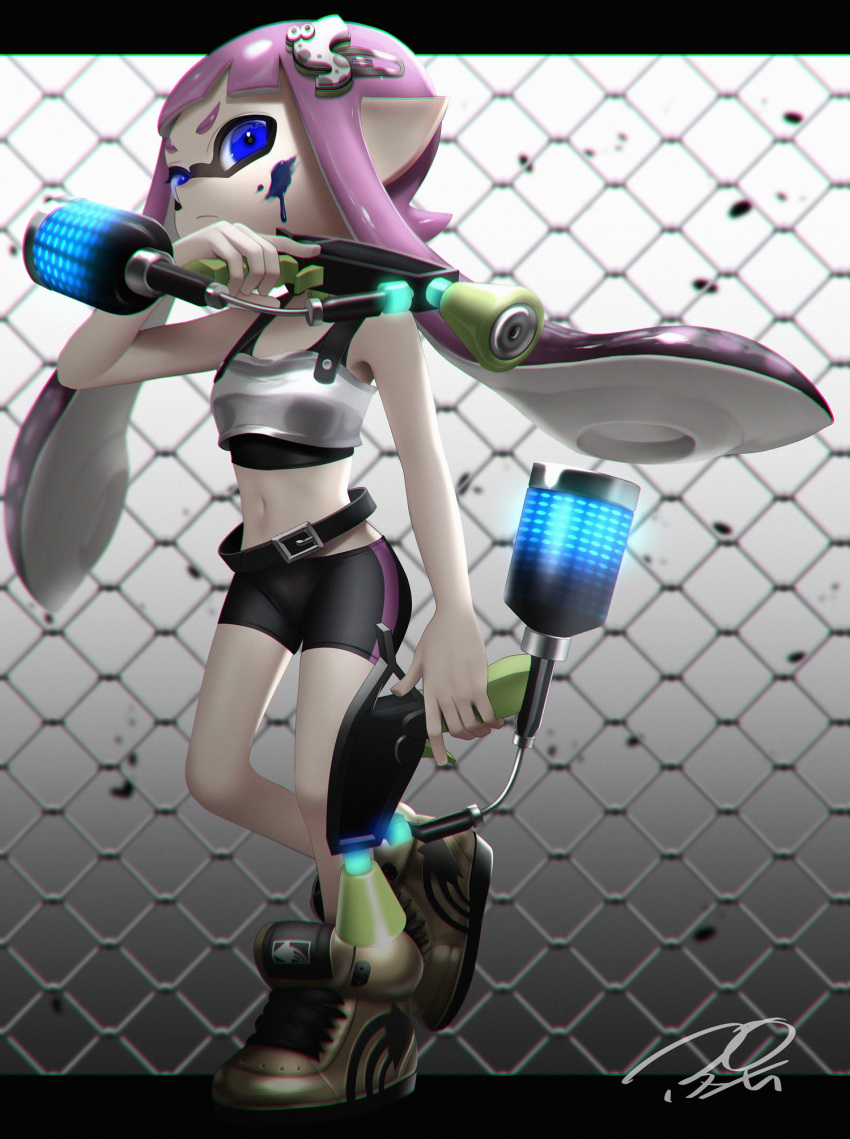 1girl armor belt belt_buckle bike_shorts black_belt black_shorts blue_eyes breastplate buckle chain-link_fence chromatic_aberration closed_mouth dual_wielding fence frown full_body hair_ornament hairclip hero_dualies_(splatoon) highres holding inkling inkling_girl leg_up long_hair navel paint pointy_ears puchiman purple_hair shoes shorts single_vertical_stripe solo splatoon_(series) standing standing_on_one_leg suction_cups tentacle_hair v-shaped_eyebrows