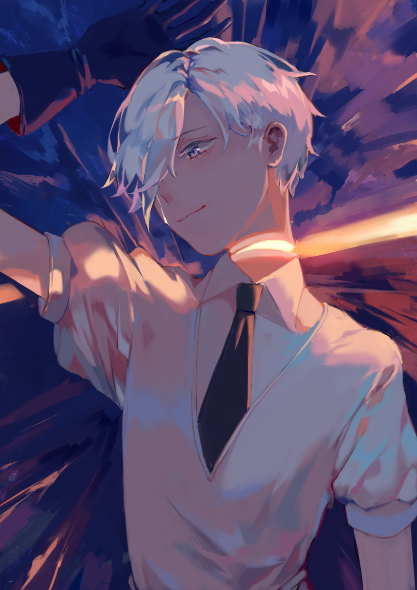 1other absurdres androgynous antarcticite gem_uniform_(houseki_no_kuni) gloves grey_eyes hair_over_one_eye highres houseki_no_kuni necktie short_hair smile solo tamomoko upper_body white_eyes white_hair