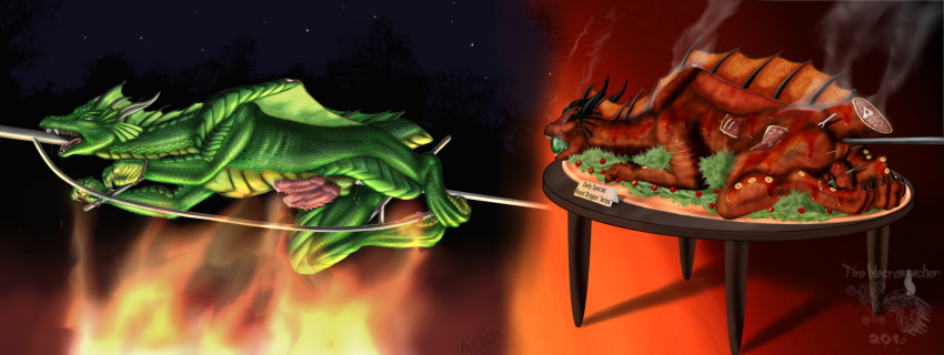 absurd_res amputated_tail amputee apple_in_mouth character_on_plate cooking cooking_with_furs disability dragon gore hard_vore hi_res impalement male mutilated mutilation necromuncher roasted roasting roasting_spit severed_tail solo vore