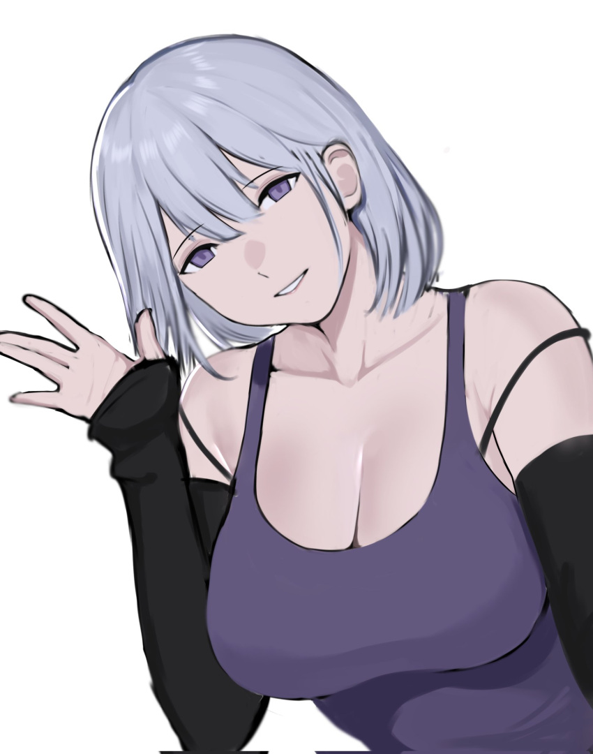 1girl bangs bare_shoulders black_sleeves breasts cleavage detached_sleeves girls'_frontline grey_hair highres large_breasts looking_at_viewer medium_hair purple_eyes purple_tank_top rpk-16_(girls'_frontline) seilindekos smile tank_top waving white_background