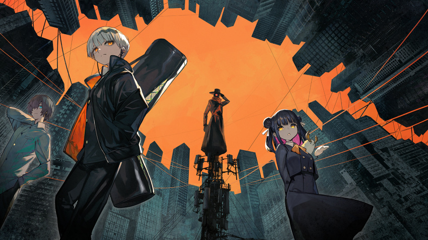 1girl 3boys backpack bag black_dress black_hair black_jacket black_pants black_shirt blue_eyes breasts brown_coat brown_hair brown_headwear building character_request cityscape closed_mouth coat collared_shirt commentary_request double_bun dress eve_(niconico) grey_hair grey_shirt hair_bun hair_over_one_eye hair_ribbon hand_in_pocket hand_on_headwear hand_on_own_neck hat headphones highres hitotsume-sama jacket lack long_sleeves looking_away medium_hair multicolored_hair multiple_boys neck_ribbon niconico one-eyed one_eye_covered open_mouth orange_eyes orange_ribbon orange_sky outdoors pants power_lines radio_antenna ribbon shirt short_hair sidelocks sky small_breasts streaked_hair white_hair white_ribbon yellow_eyes