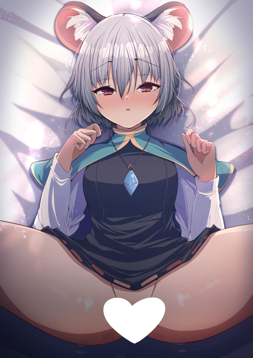 1girl absurdres animal_ear_fluff animal_ears bangs blush breasts censored commentary_request cowboy_shot crystal darumoon dress grey_dress grey_hair heart heart_censor highres jewelry long_sleeves looking_at_viewer lying medium_breasts mouse_ears mouse_girl nazrin no_panties nose_blush on_back on_bed open_mouth pendant pussy_juice red_eyes shirt short_hair touhou white_shirt